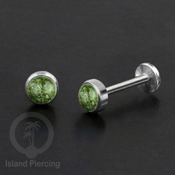 Tindik labret push system stainless, threadless piercing warna silver, batu asli pilihan besar