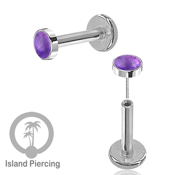 Tindik labret push system stainless, threadless piercing warna silver, batu asli pilihan besar