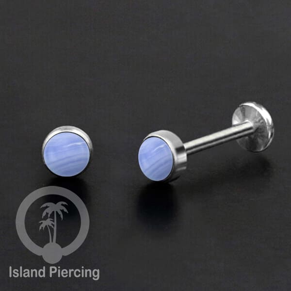 Tindik labret push system stainless, threadless piercing warna silver, batu asli pilihan besar