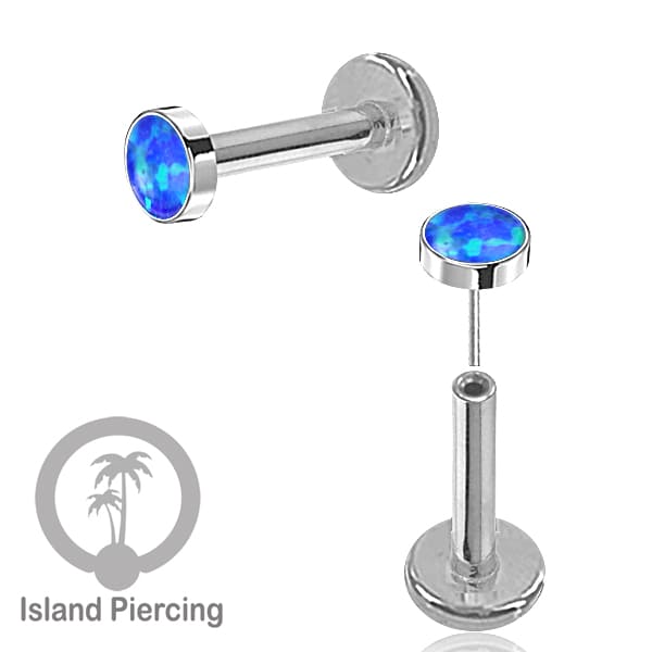 Tindik labret push system stainless, threadless piercing warna silver dengan abelone, opal putih dan biru.