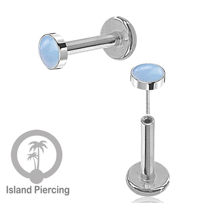 Tindik labret push system stainless, threadless piercing warna silver dengan abelone, opal putih dan biru.