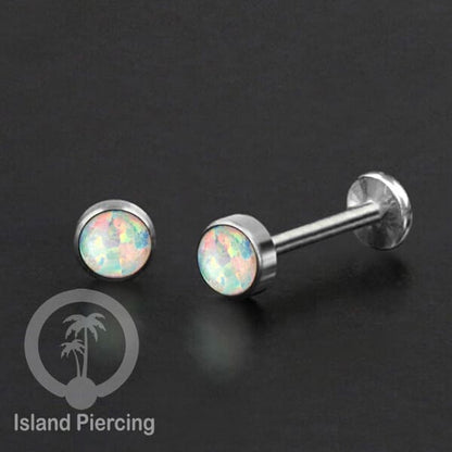 Tindik labret push system stainless, threadless piercing warna silver dengan abelone, opal putih dan biru.