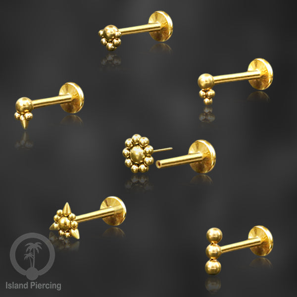 Tindik labret push system, threadless piercing warna gold dengan banyak pilihan model