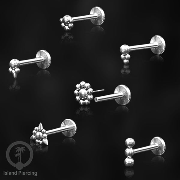 Tindik labret push system, threadless piercing warna silver dengan banyak pilihan model