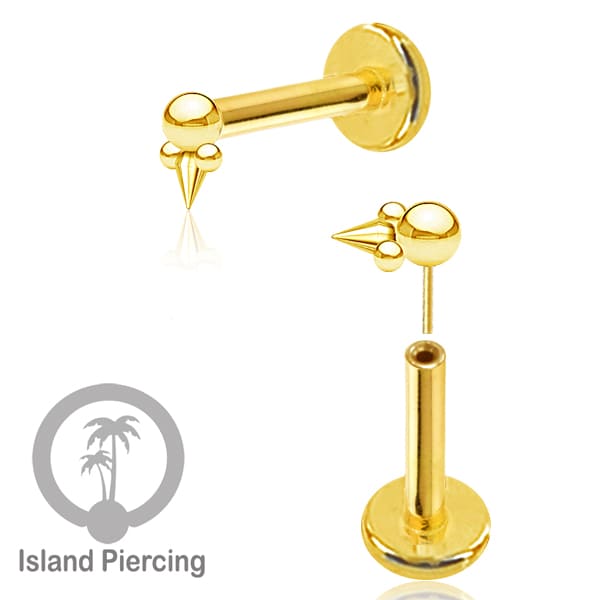 Tindik labret push system, threadless piercing warna gold dengan banyak pilihan model