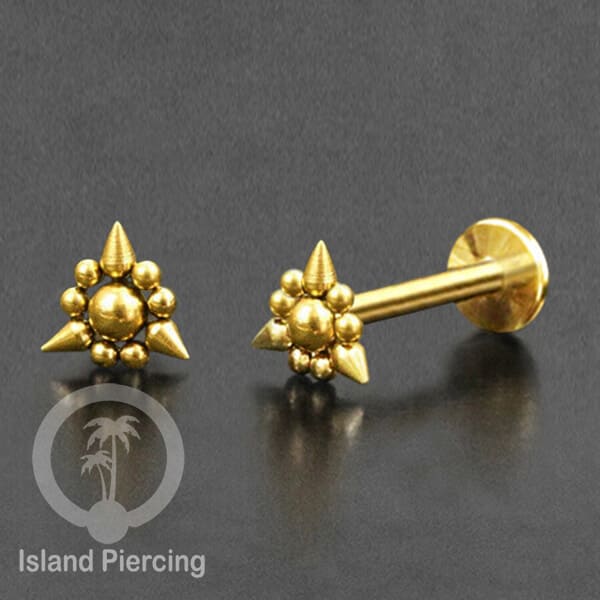 Tindik labret push system, threadless piercing warna gold dengan banyak pilihan model
