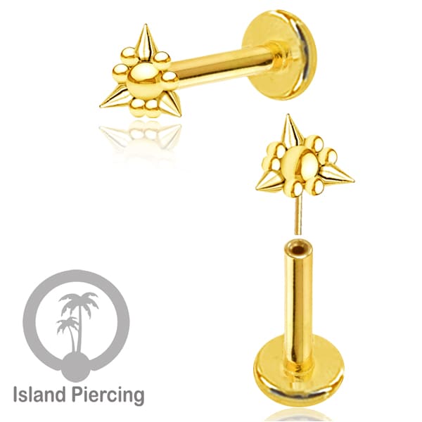 Tindik labret push system, threadless piercing warna gold dengan banyak pilihan model