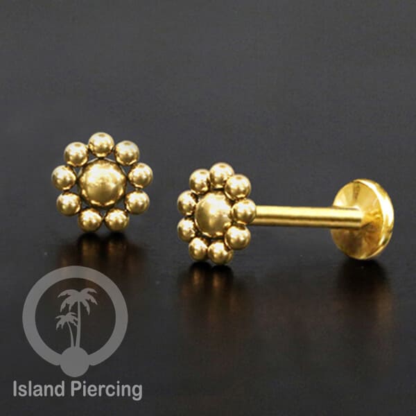 Tindik labret push system, threadless piercing warna gold dengan banyak pilihan model