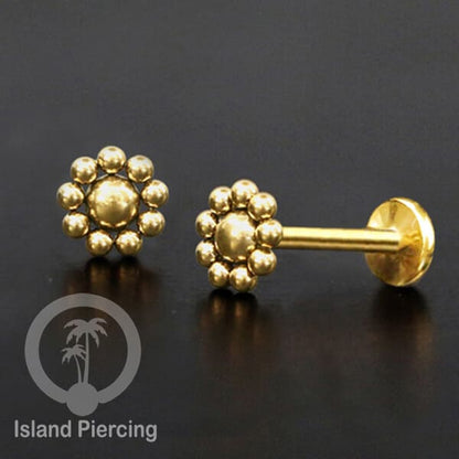 Tindik labret push system, threadless piercing warna gold dengan banyak pilihan model