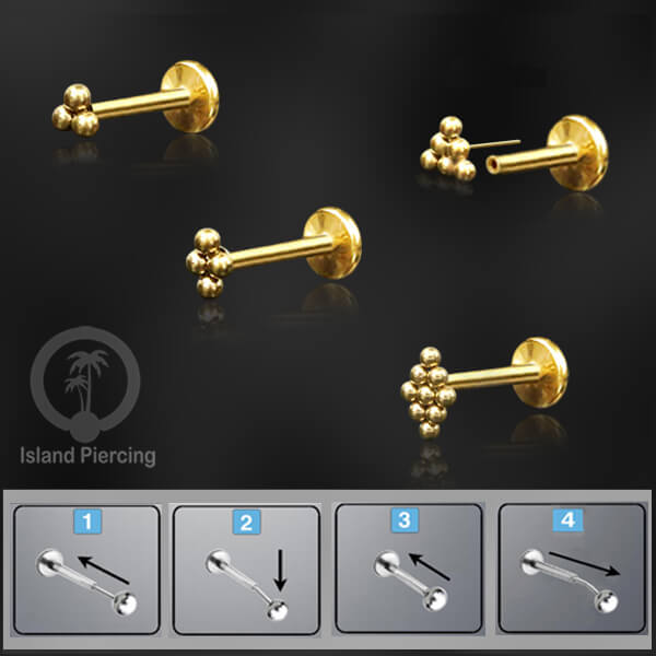 Tindik labret push system, threadless piercing warna gold model yang menarik