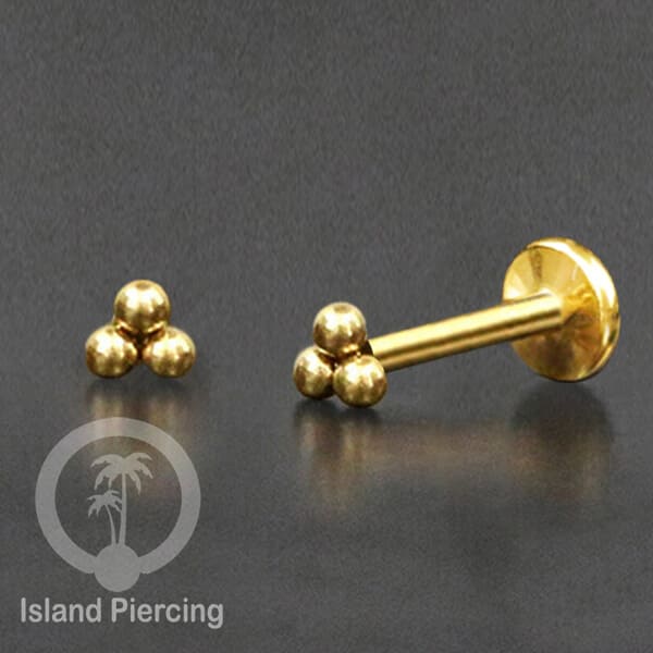Tindik labret push system, threadless piercing warna gold model yang menarik