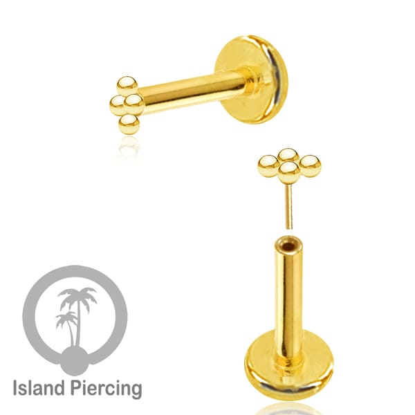Tindik labret push system, threadless piercing warna gold model yang menarik