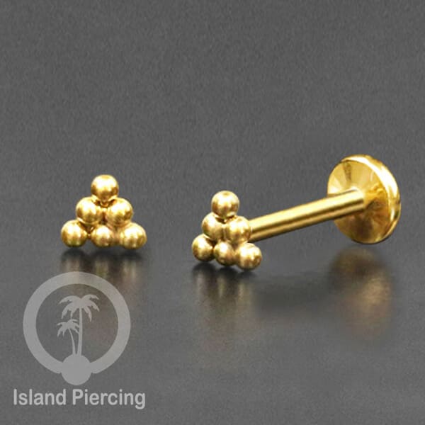 Tindik labret push system, threadless piercing warna gold model yang menarik