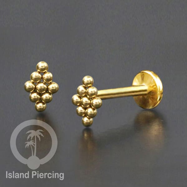 Tindik labret push system, threadless piercing warna gold model yang menarik