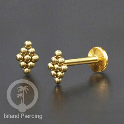 Tindik labret push system, threadless piercing warna gold model yang menarik