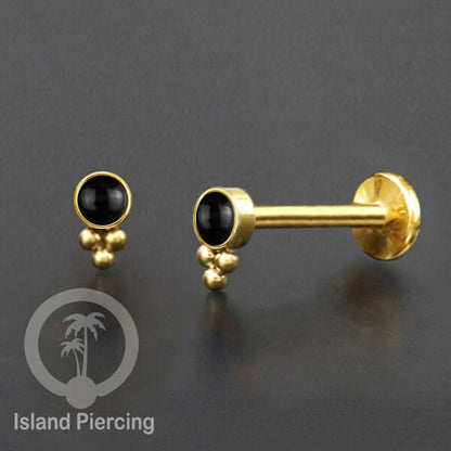 Tindik Labret push system, Threadless Piercing warna gold dengan variasi batu