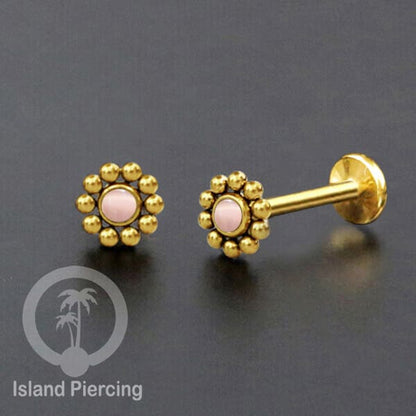 Tindik Labret push system, Threadless Piercing warna gold dengan variasi batu