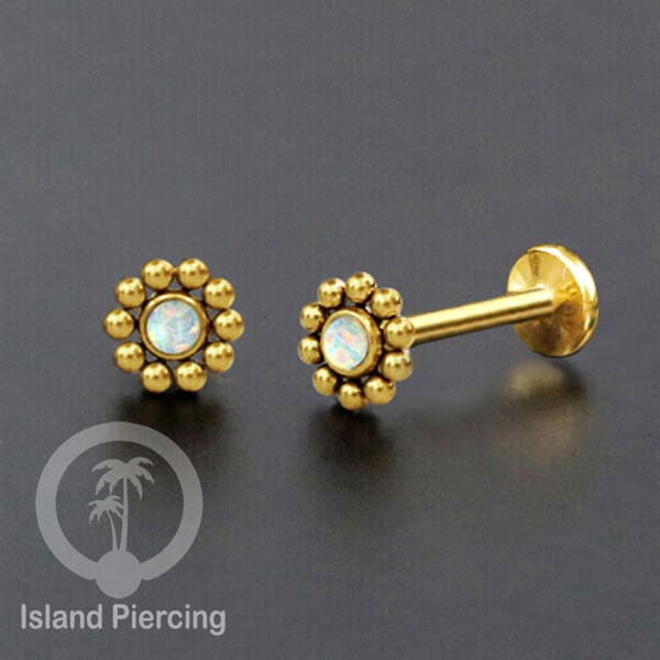Tindik Labret push system, Threadless Piercing warna gold dengan variasi batu