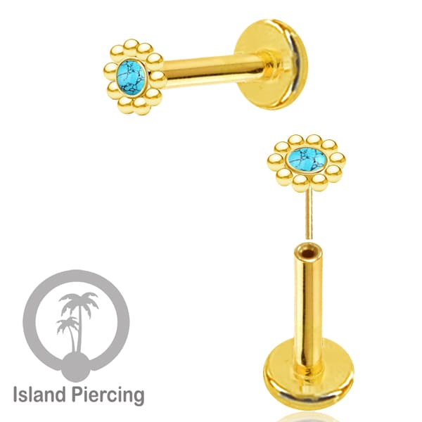 Tindik Labret push system, Threadless Piercing warna gold dengan variasi batu