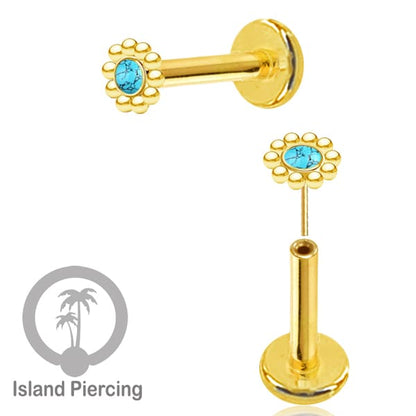 Tindik Labret push system, Threadless Piercing warna gold dengan variasi batu