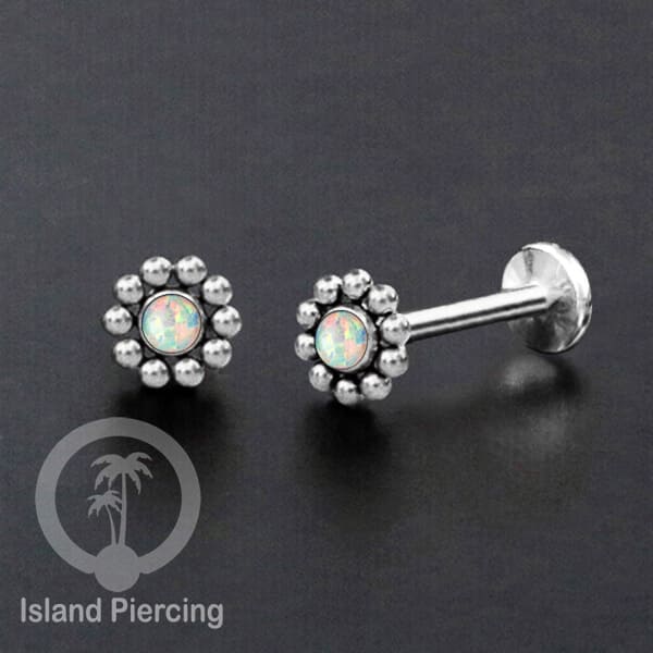 Tindik Labret push system, Threadless Piercing warna silver dengan variasi batu