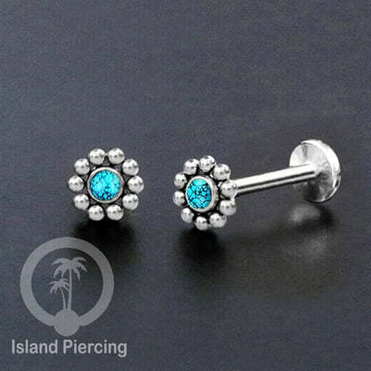 Tindik Labret push system, Threadless Piercing warna silver dengan variasi batu