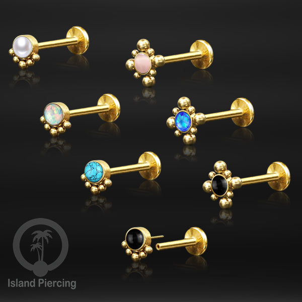 Tindik Labret push system, Threadless Piercing warna gold dengan variasi batu