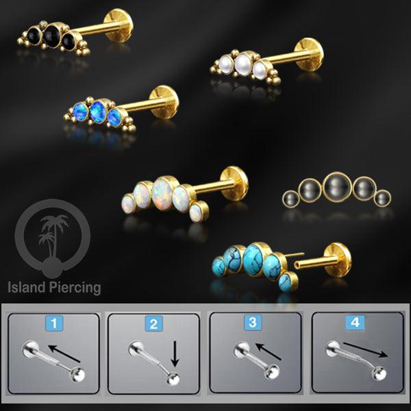 Tindik Labret push system, Threadless Piercing warna gold model Helix dengan batu