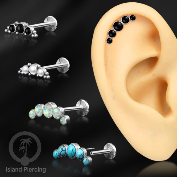 Tindik Labret push system, Threadless Piercing warna silver model Helix dengan batu