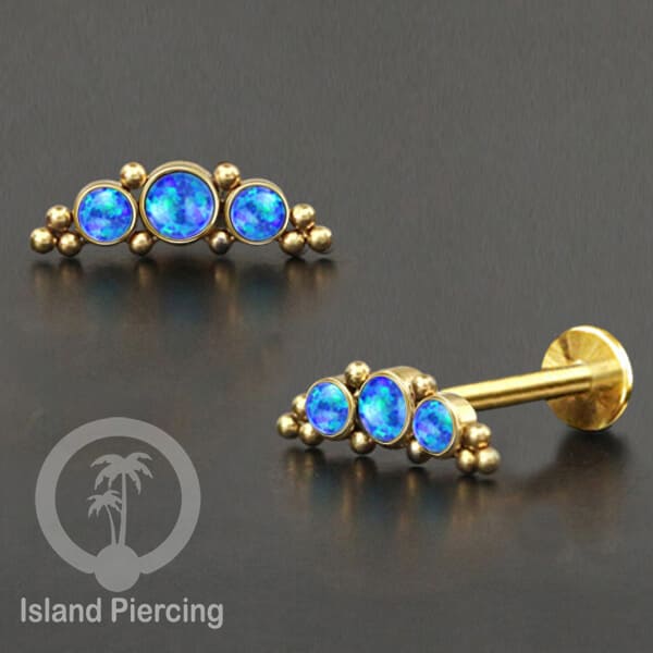 Tindik Labret push system, Threadless Piercing warna gold model Helix dengan batu