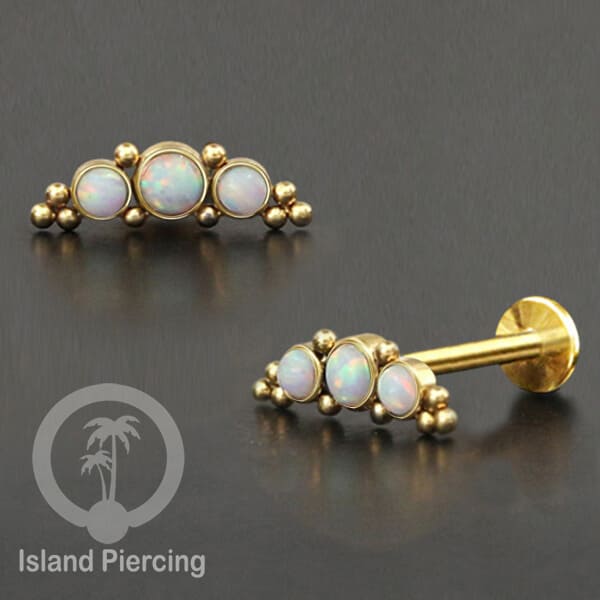 Tindik Labret push system, Threadless Piercing warna gold model Helix dengan batu