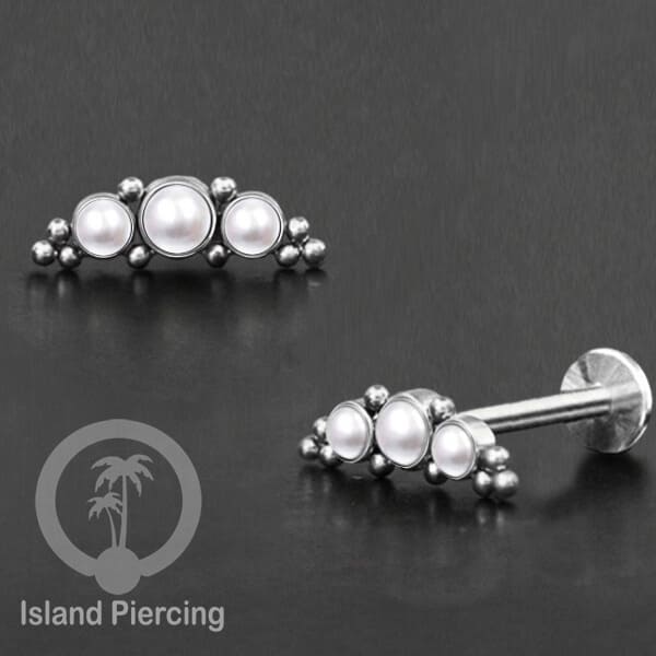 Tindik Labret push system, Threadless Piercing warna silver model Helix dengan batu