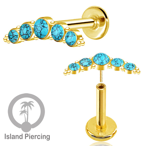 Tindik Labret push system, Threadless Piercing warna gold model Helix dengan batu