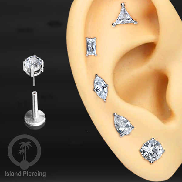 Piercing Labret Stainless Steel warna silver dengan Zirconia banyak bentuk.