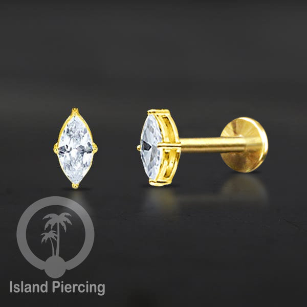 Piercing Labret Stainless Steel warna gold dengan Zirconia banyak bentuk.