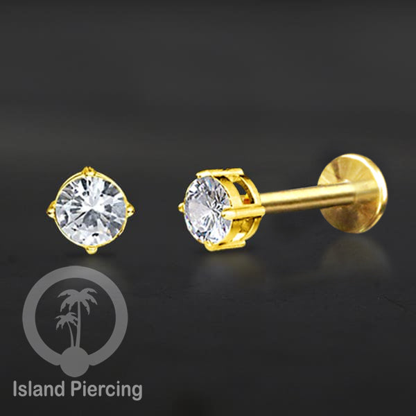 Piercing Labret Stainless Steel warna gold dengan Zirconia banyak bentuk.