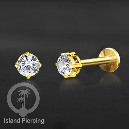 Piercing Labret Stainless Steel warna gold dengan Zirconia banyak bentuk.