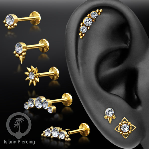 Tindik Labret push system, Threadless Piercing warna gold dan Kristal Zirconia banyak pilihan