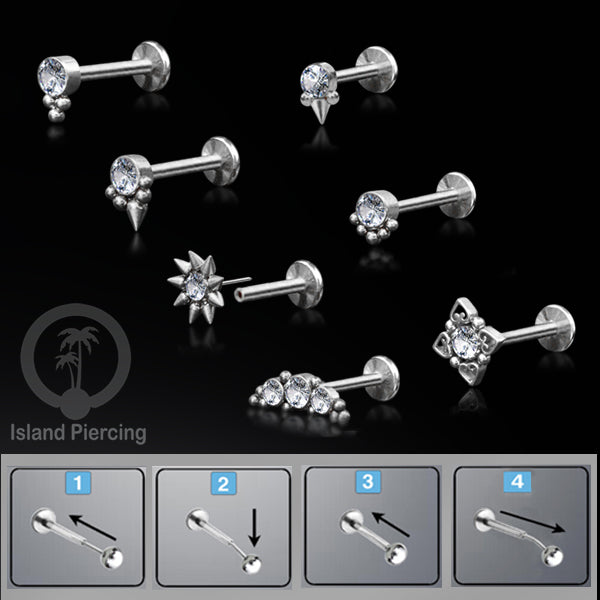 Tindik Labret push system, Threadless Piercing warna silver dan Kristal Zirconia banyak pilihan