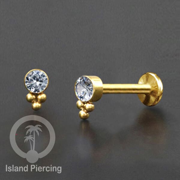 Tindik Labret push system, Threadless Piercing warna gold dan Kristal Zirconia banyak pilihan