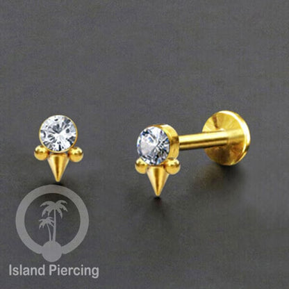Tindik Labret push system, Threadless Piercing warna gold dan Kristal Zirconia banyak pilihan