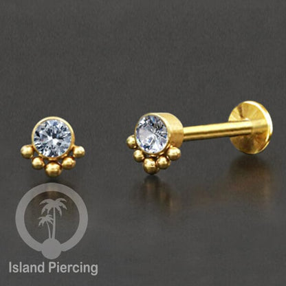 Tindik Labret push system, Threadless Piercing warna gold dan Kristal Zirconia banyak pilihan