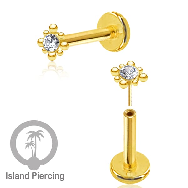 Tindik Labret push system, Threadless Piercing warna gold dan Kristal Zirconia banyak pilihan