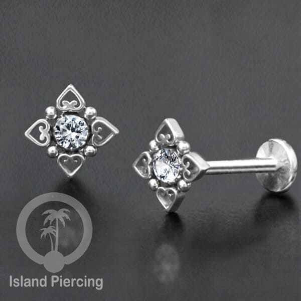 Tindik Labret push system, Threadless Piercing warna silver dan Kristal Zirconia banyak pilihan