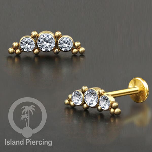 Tindik Labret push system, Threadless Piercing warna gold dan Kristal Zirconia banyak pilihan