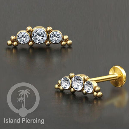 Tindik Labret push system, Threadless Piercing warna gold dan Kristal Zirconia banyak pilihan