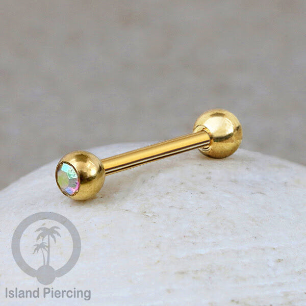 Barbel Tindik Lidah Stainless Kristal warna-warni Tongue bar Piercing warna Gold