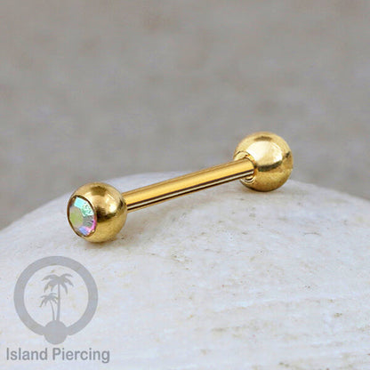 Barbel Tindik Lidah Stainless Kristal warna-warni Tongue bar Piercing warna Gold