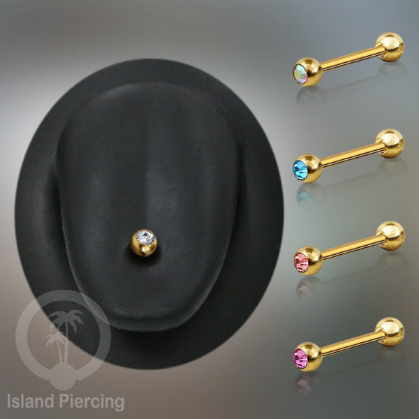 Barbel Tindik Lidah Stainless Kristal warna-warni Tongue bar Piercing warna Gold