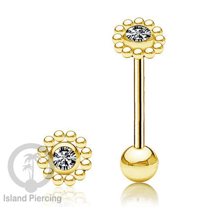Anting tindik Lidah Stainless warna gold dengan kristal zircon. Crystal Tongue Piercing